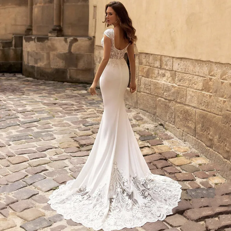 Sexy Meerjungfrau Spitze Brautkleid für Braut 2023 Boho V-Ausschnitt Brautkleid Kurzarm rücken freie Reiß verschluss Applikationen Vestidos de Novia