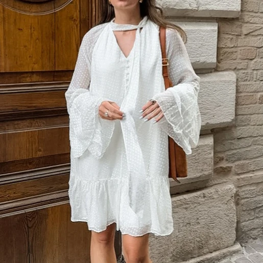 

New French Simple Jacquard V-neck Long-sleeved Ruffle Edge Dress for Women