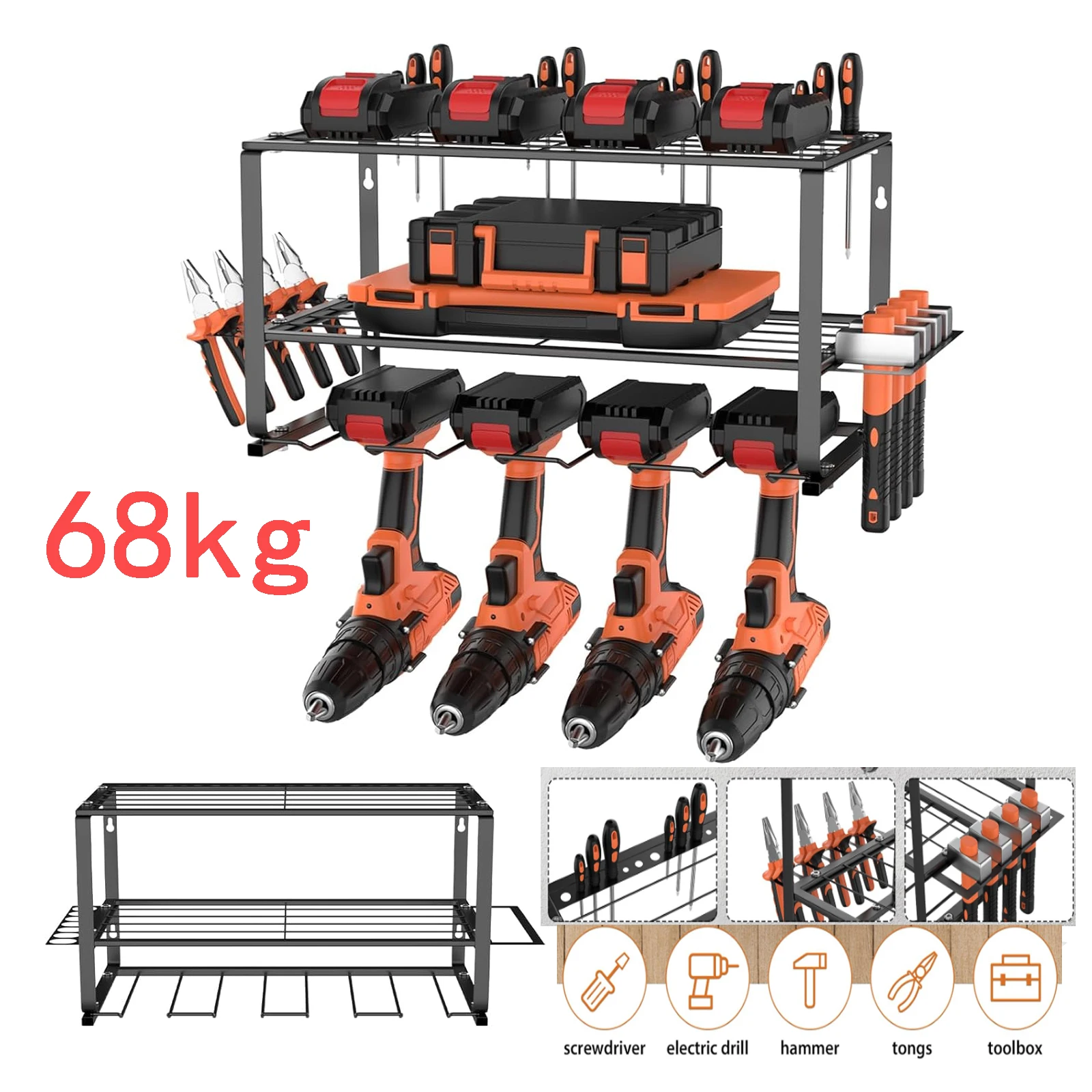Estante pared herramientas 3 niveles, 150kg capacidad soporte taladro organizador taller negro, estante flotante para garaje, hogar, sótano, 40x20x21.5cm