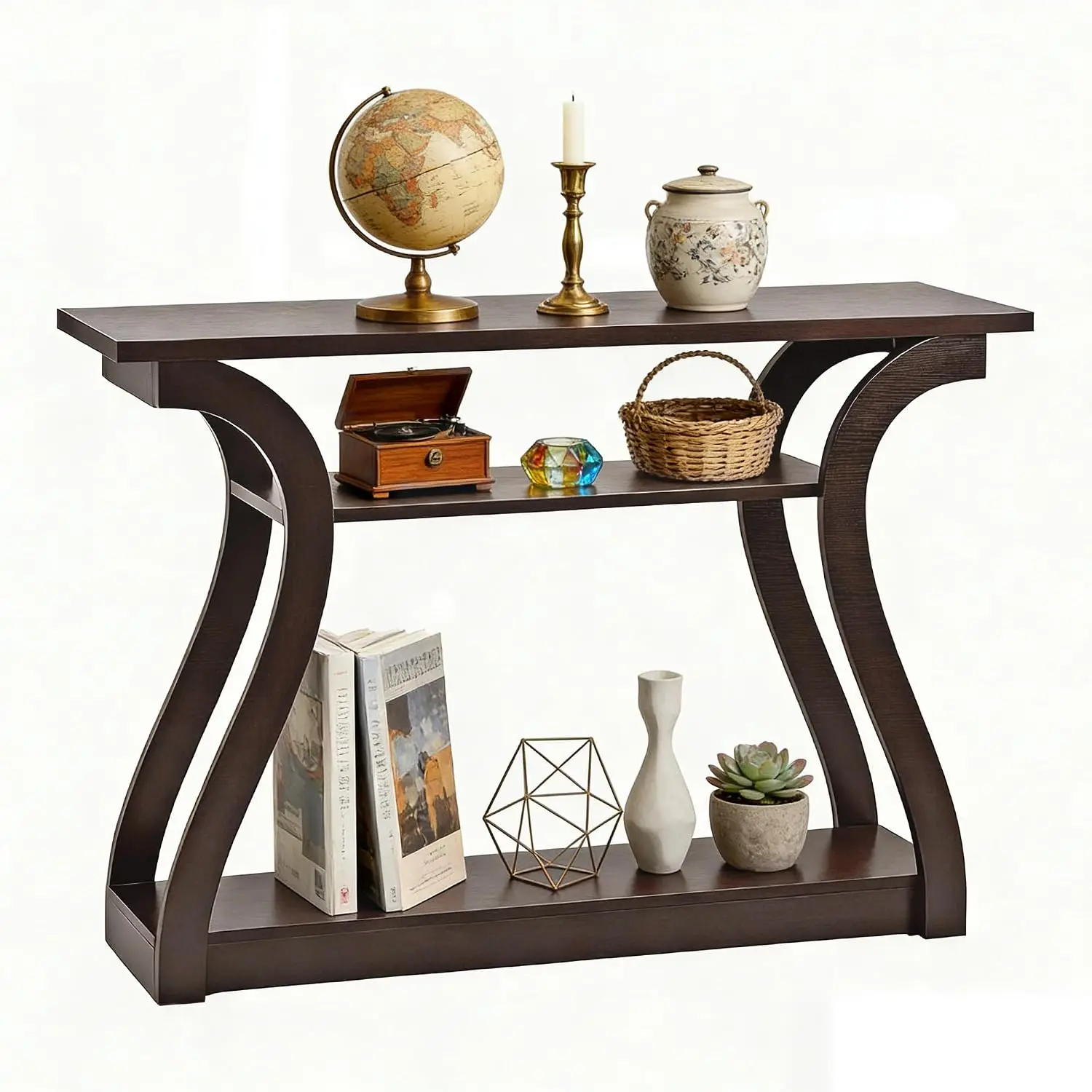 47in Narrow Console Table 3 Tier Wood Sofa Table with Shelves Curved Frame Entryway Living Room Hallway, Customized