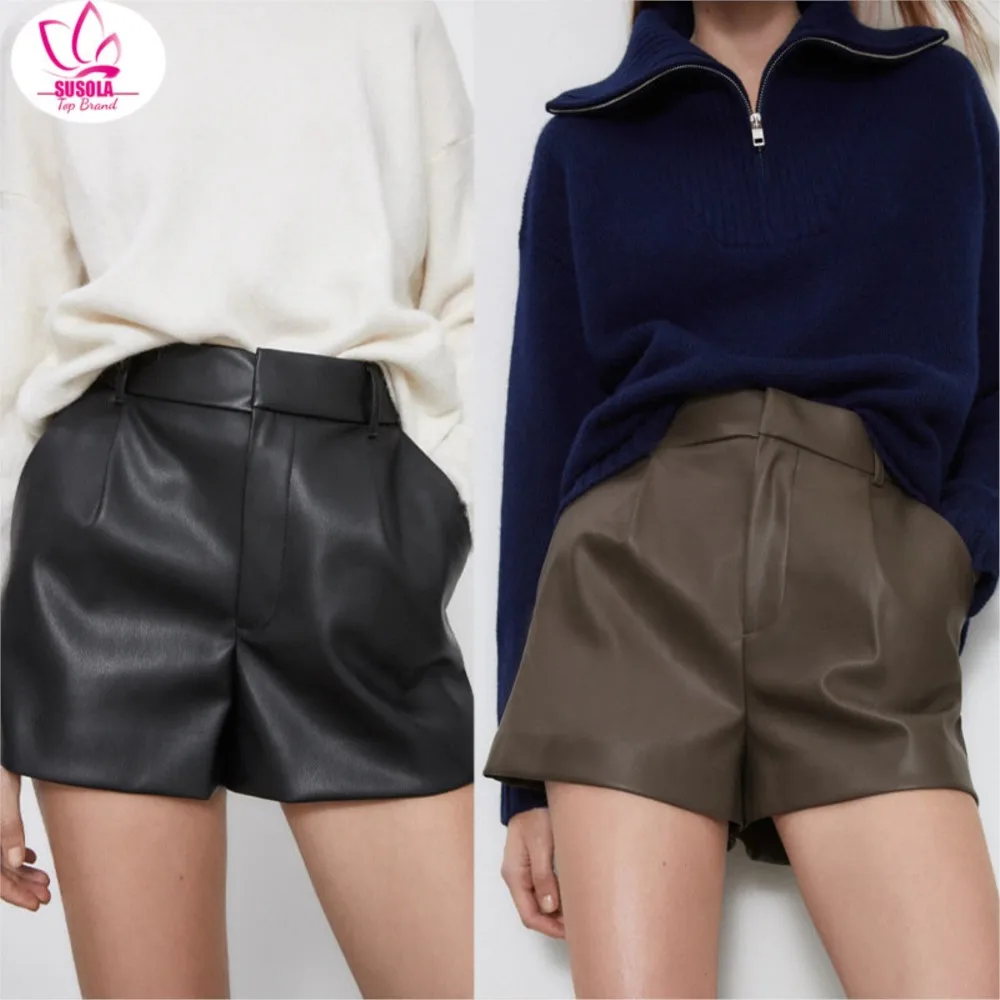 SUSOLA Women Chic Trend Side Pockets Faux Leather Shorts Vintage High Waist Zipper Fly Female Short Pants Mujer