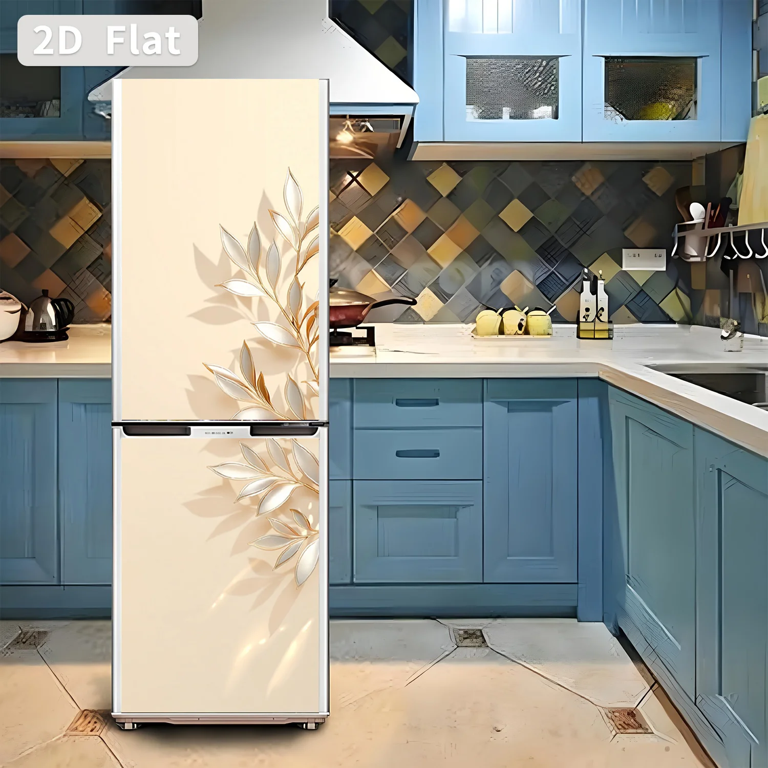 of  Printed Refrigerator Sticker, Measuring, Featuring a Golden Leaf Decorative Theme. It'S a Self-Adhesive Wall Sticker Suita