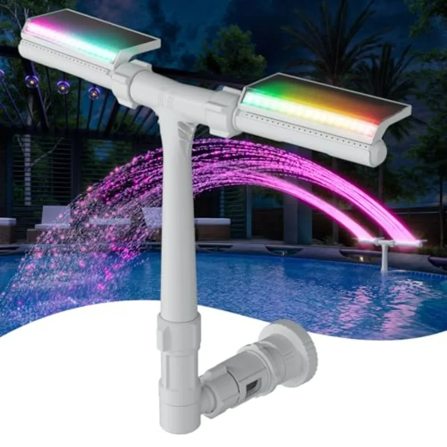 

Solar pool fountain for above/inground pools, ABS plastic, black, 10-color LED lights, auto dusk sensor, timer, remote control,
