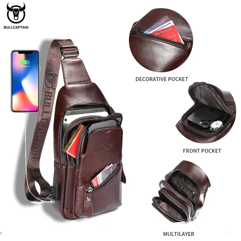 Bolso de pecho de cuero genuino para hombre, bandolera de un solo hombro, capa superior suave, cuero de vaca, Retro, doble capa, bolsillo de carga para tarjetas