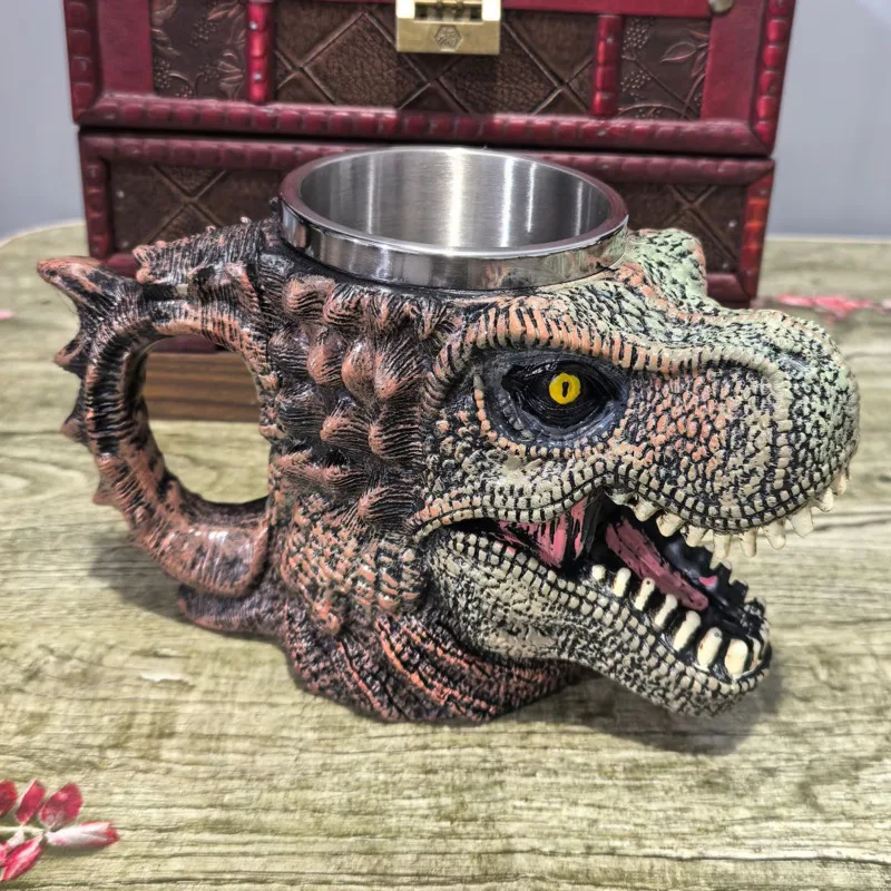 الإبداعية ديناصور القدح ثلاثية الأبعاد الديناصور ريكس الراتنج كوب مع بطانة من الفولاذ المقاوم للصدأ الجدة الجوراسي المنزل المطبخ زخارف للحانات
