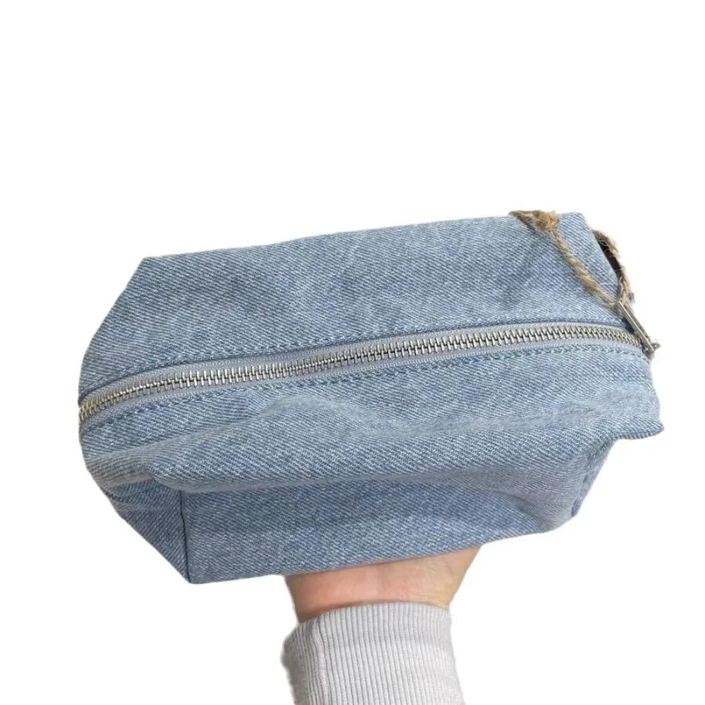 

Solid Color Blue Denim Makeup Bag Korean Style Travel Organizer Student Pencil Bag Vintage Zipper Stationery Storage Bag