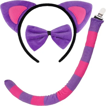 Cat Costume Set Purple Pink Cat Ears Headband Bow Tie Striped Tail Halloween Cosplay Costume Accessory, Widely Used for All Themed Events, Lightweight and Comfortable, One Size