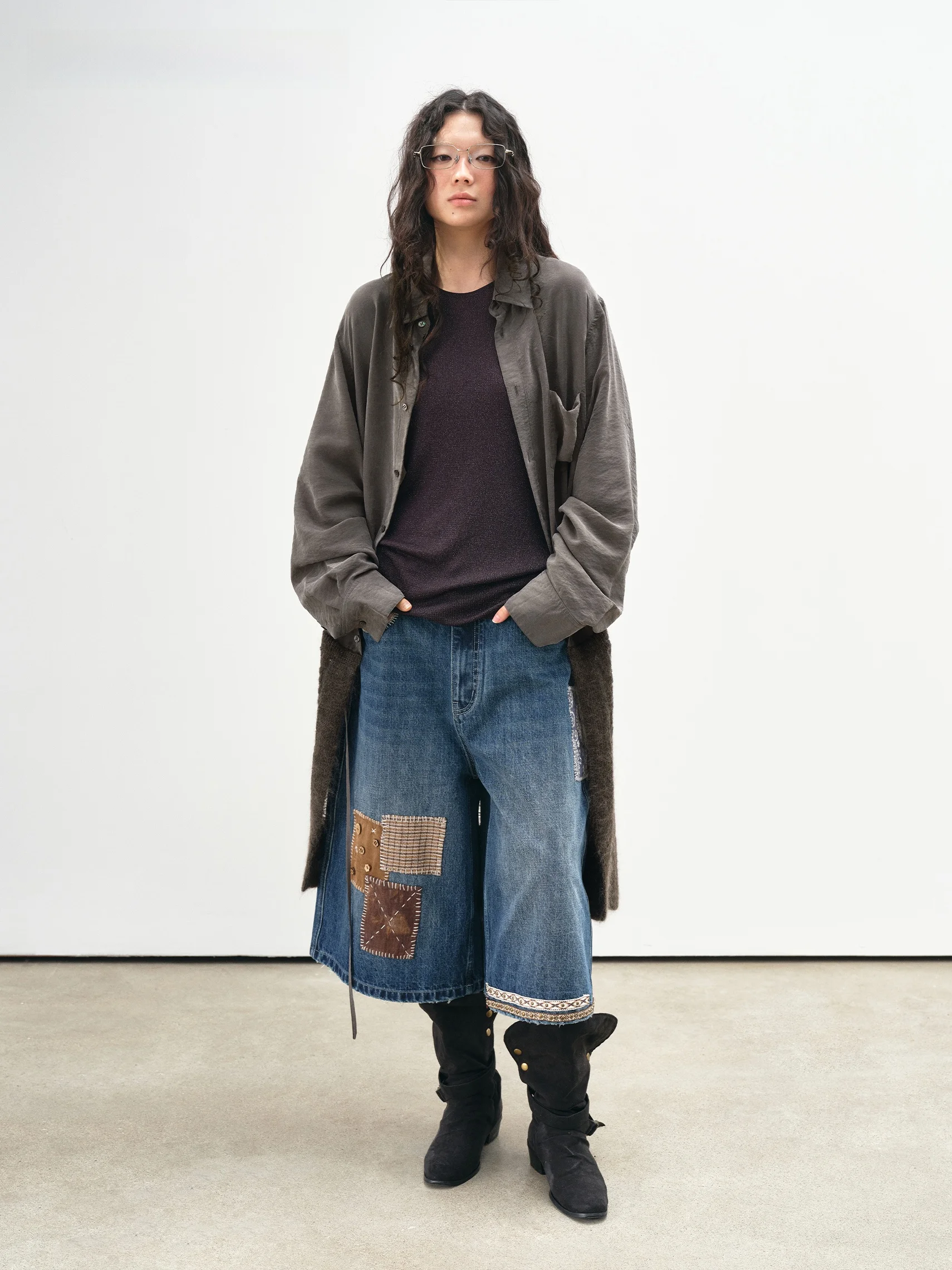 VERMO Layering Shirt with Twist Knit Hollow out Loose Fit Carded Proportional Shaping  Hair Textured Collision Design