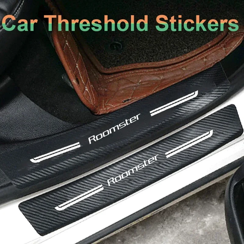 Carbon Fiber Car Door Sill Sticker for Skoda Roomster Logo Accessories Threshold Trim Decals Scuff Scratch Trunk Bumper Strip