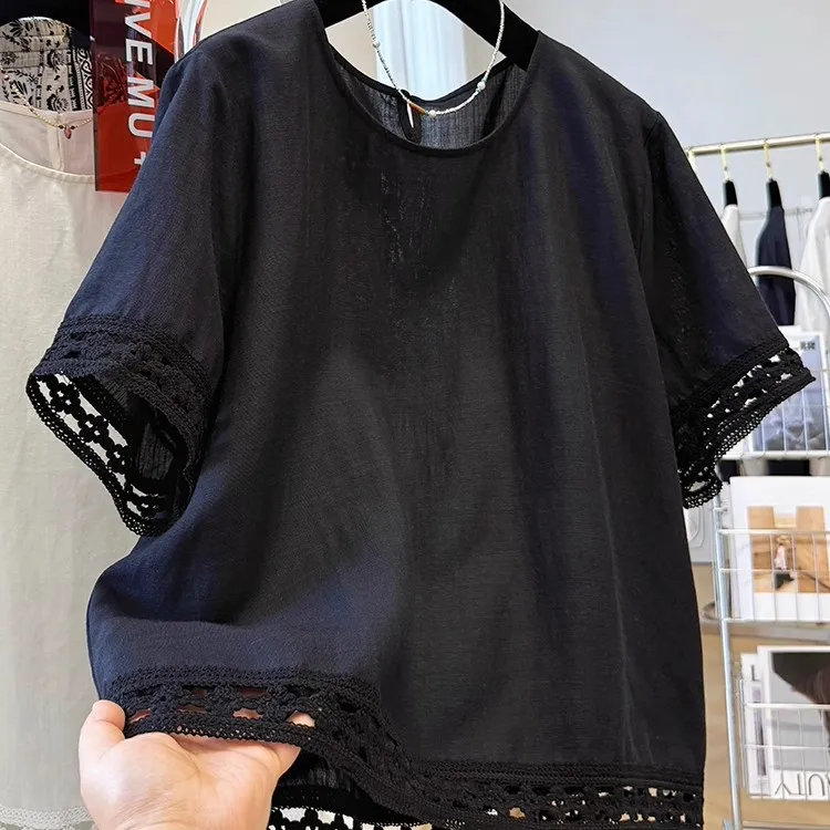 

Летняя тонкая кружевная блузка с круглым вырезом и коротким рукавом, женская, из хлопка и льна, качественная, повседневная, свободного кроя.