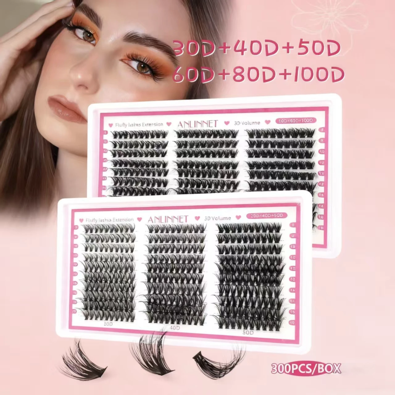 1 caixa de 300 clusters de cílios macios misturados com cílios postiços naturais segmentados enrolados C/D grossos de grande capacidade