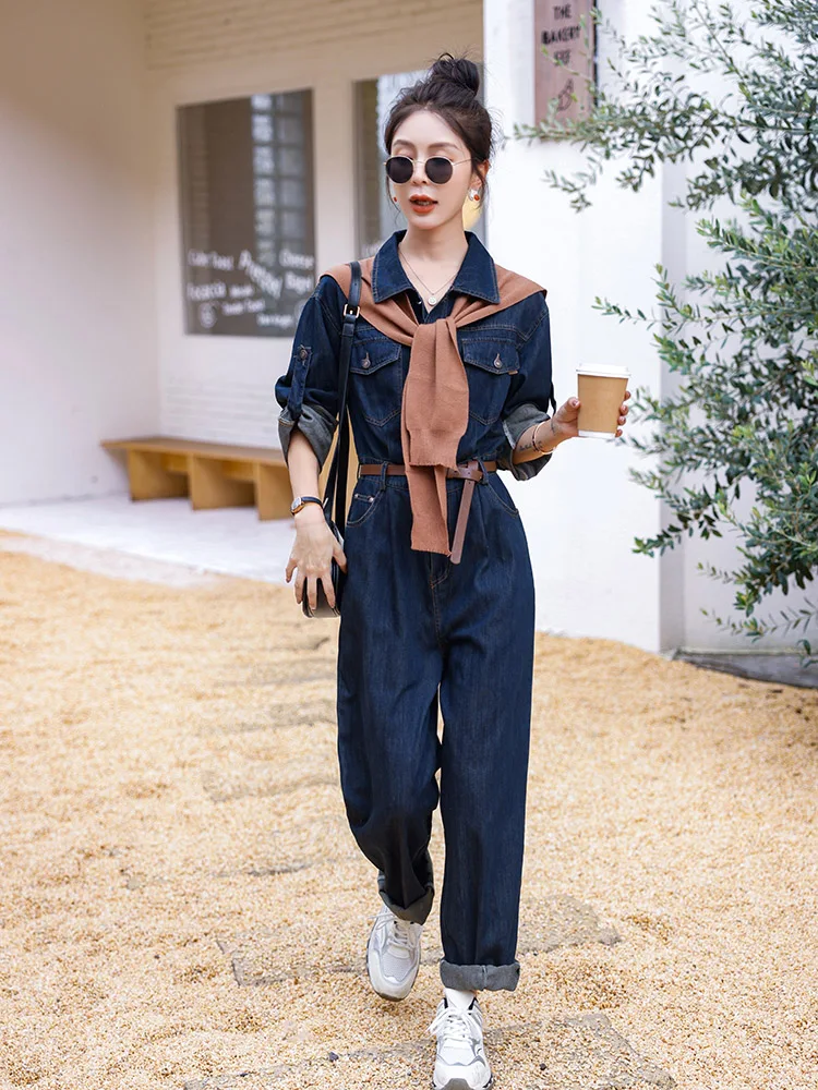 Unique Personali Denim Jumpsuit Women's Faionable Age-Defng High-Waist Straight-Leg Single-Piece Clothing