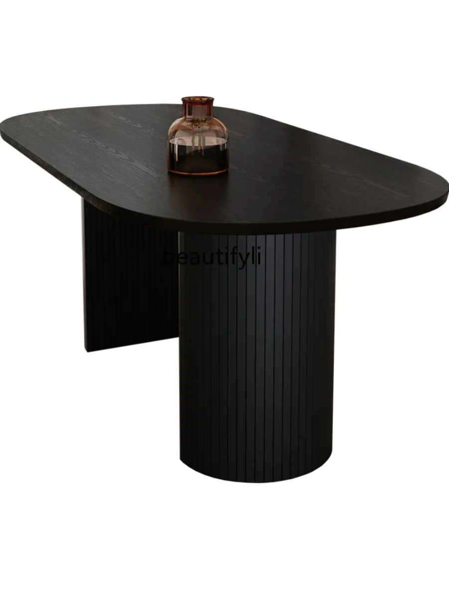 Nordic Black Solid Wood Dining Table Light Luxury Table and Chair Design Model Room Marble Dining-Table Oval