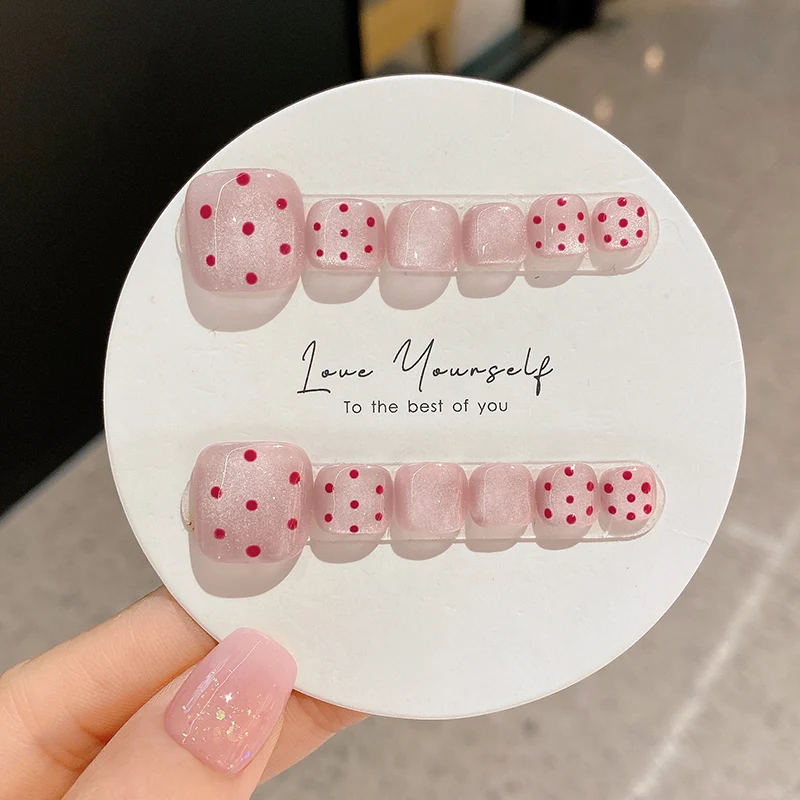 SKY CLOUD 12pcs Sweet Pink Polka Dot Toe Nail Handmade Cat Eye Square False Nails for Girls  Daily Wear Removable Press on Nails