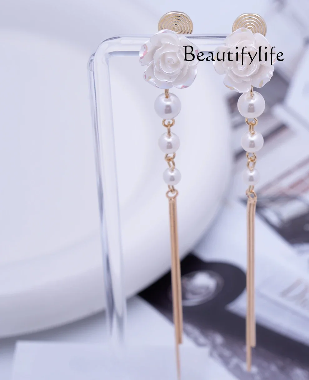 Flower Tassel Ear Clips, Novo temperamento nicho, lindos brincos, brincos super longos pérola, High End