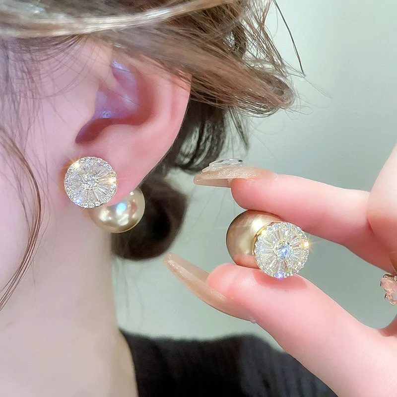 Luxury Double Sided Zircon Champagne Pearl Stud Earrings Delicate Simple New Jewelry Earings Bijoux