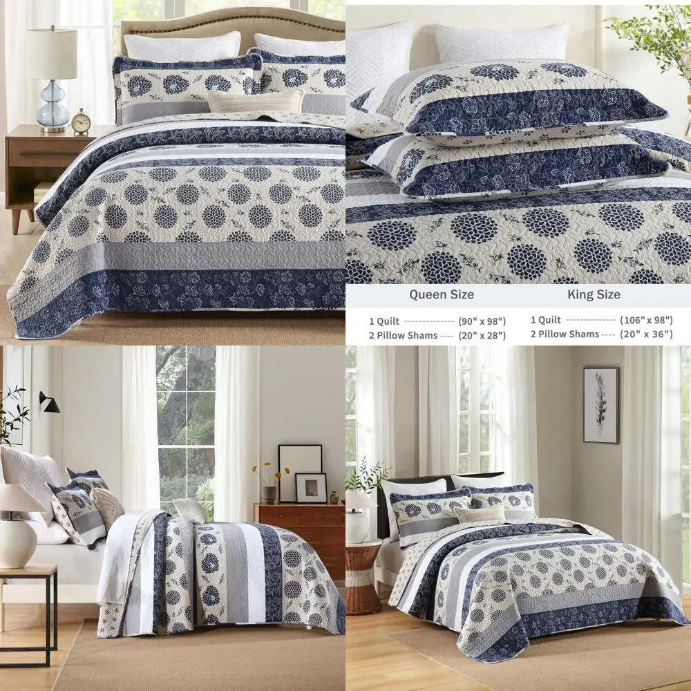 

Cotton King Size Quilt Set - Navy Blue, Beige, and Grey Stripes with Floral Pattern