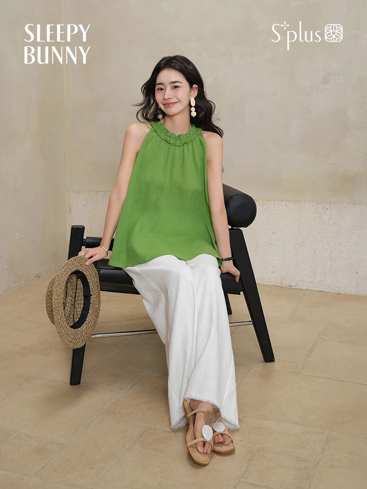 Green Halter Neck Tank Top Women Summer Loose Fit Sleeveless Blouse Lightweight Flowy Cami Vest Casual Chic Solid Color Petite