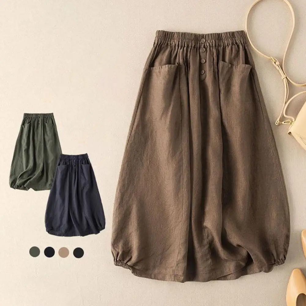 M-5XL Cotton Linen Womens Skirts Solid Color High-Waist Elastic Waist Pockets Buttons Decor Large Hem A-Line Retro Midi Skirt