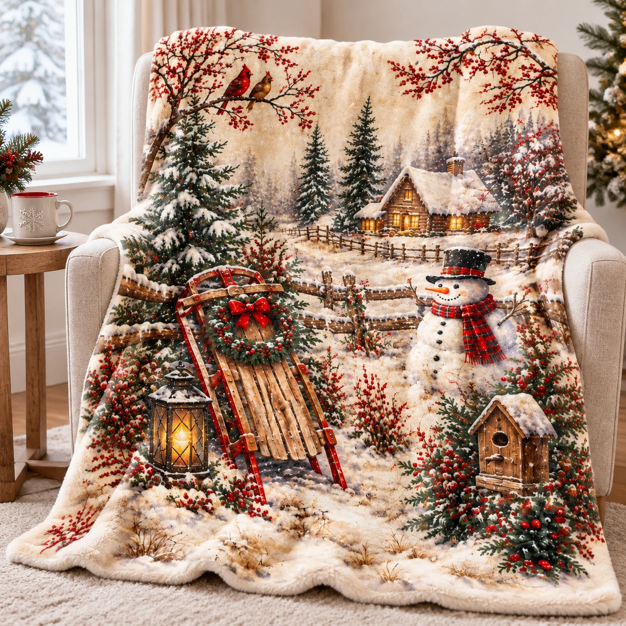 Snowman Sleigh Winter Plush Throw Blanket, Forest Cabin Red Sparrow Lantern Print, Soft Warm Blanket for Sofa Travel, Holiday