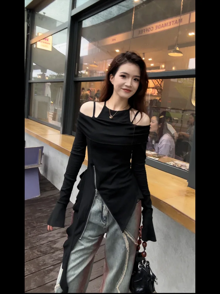 

Эластичная облегающая футболка с длинным светом, женский сексуальный топ на одно плечо, повседневный хлопковый топ, весна 2021, модное новое поступление