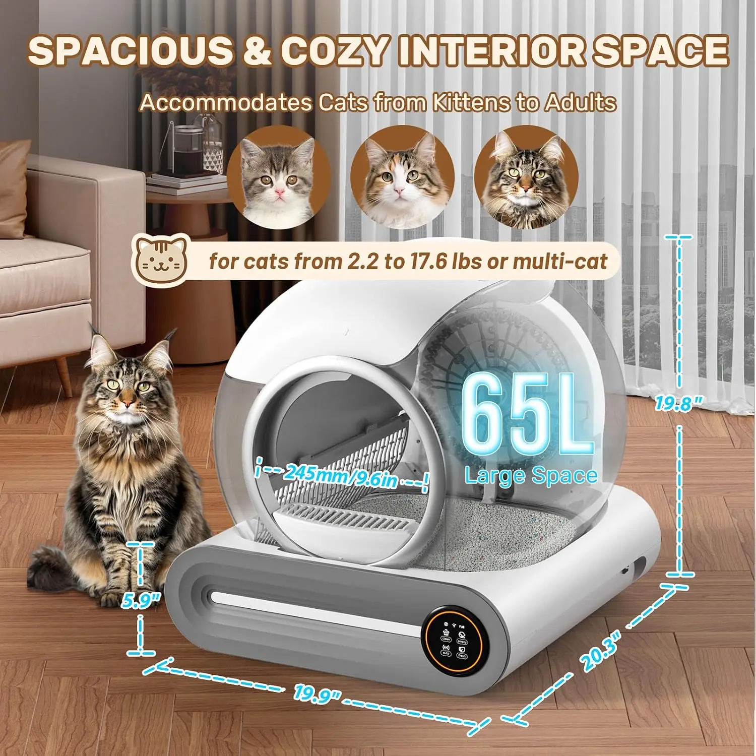 Self Cleaning Litter Box, Enclosed Deodorizing Cat Box, App Control