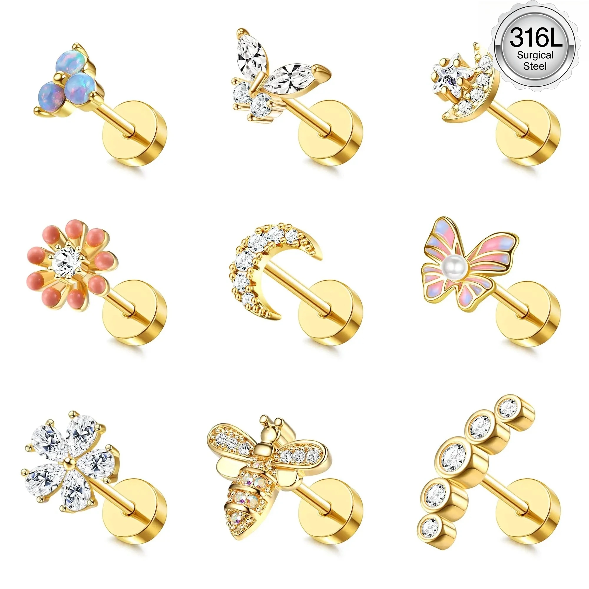 Drperfect 1 Stück Knorpel-Ohrringe für Damen, chirurgischer Stahl, flache Rückseite, Ohrring, Schmetterling, Blume, Tragus, Helix, Piercing-Schmuck
