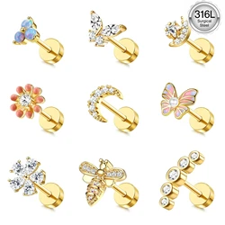 Drperfect 1pc Cartilage Earrings Stud for Women Surgical Steel Flat Back Earring Butterfly Flower Tragus Helix Piercing Jewelry
