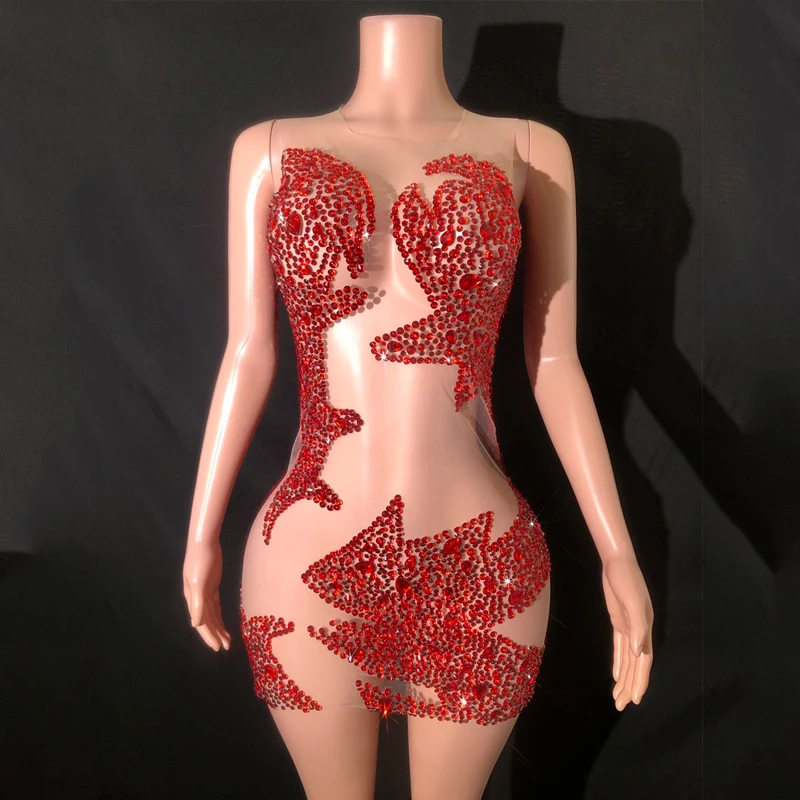 

Fashion Red Rhinestones Dress Women Perspective Sequins Evening Dress Birthday Celebrate Costume Stage Evening Outfit XS6585