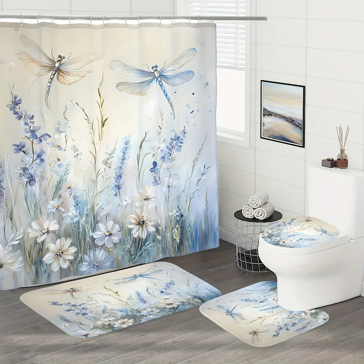 

4-piece floral dragonfly shower curtain bathroom set, shower curtain, bath mat, U-shaped bath mat and toilet seat cover