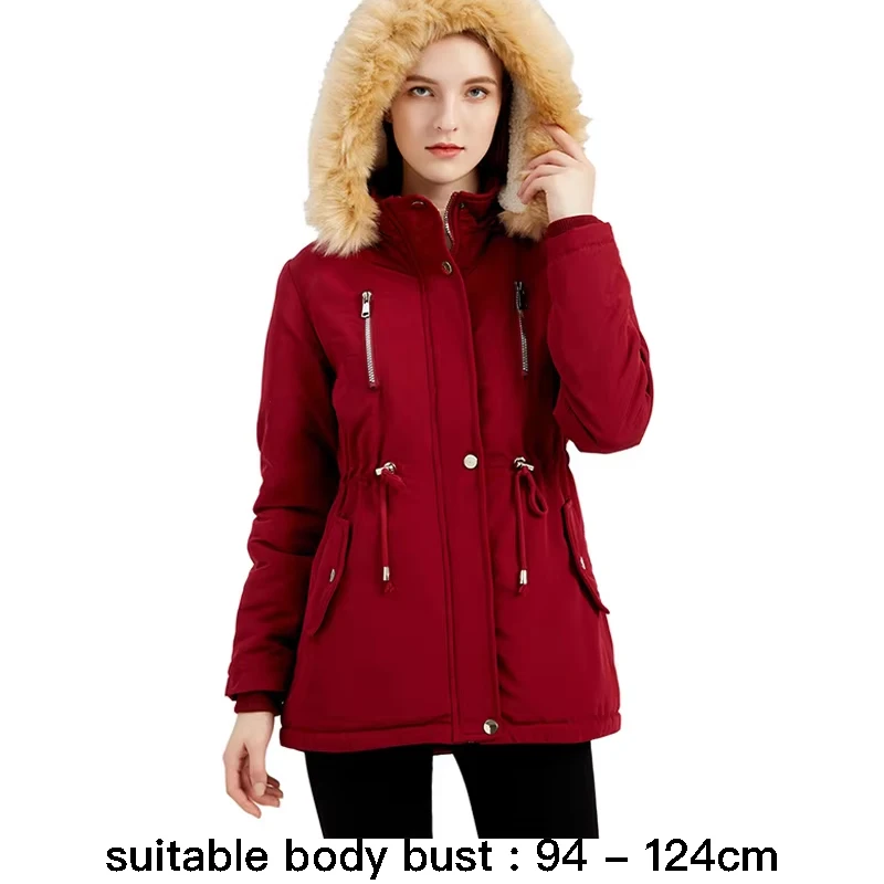 

High quality faux fur hooded trench coat for women big size plush lining new winter 2024 casual clothes - black red green