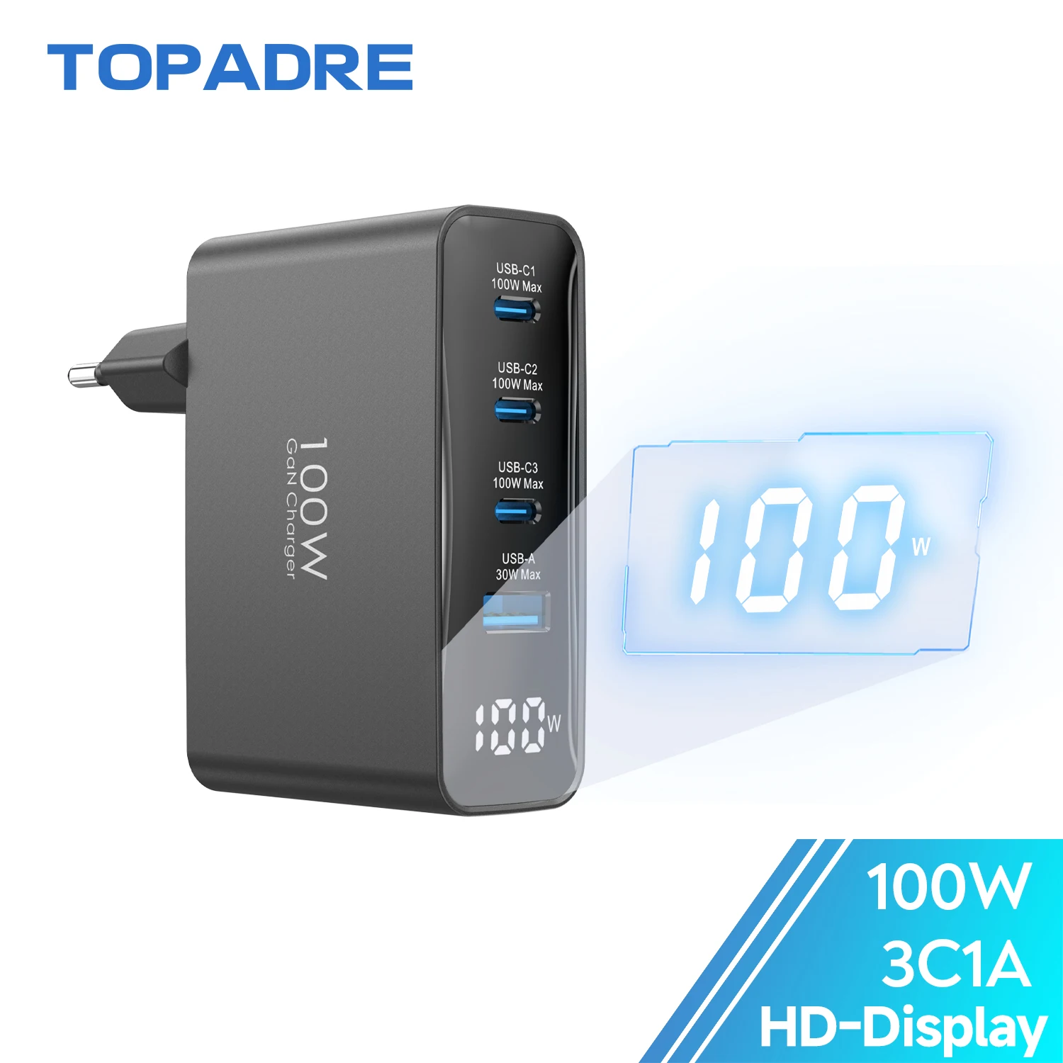 100W GaN USB Typ-C Schnellladegerät mit Display für Macbook, PPS PD Quick Charge 4.0/3.0 Schnellladung für iPhone 17/16/15 Samsung