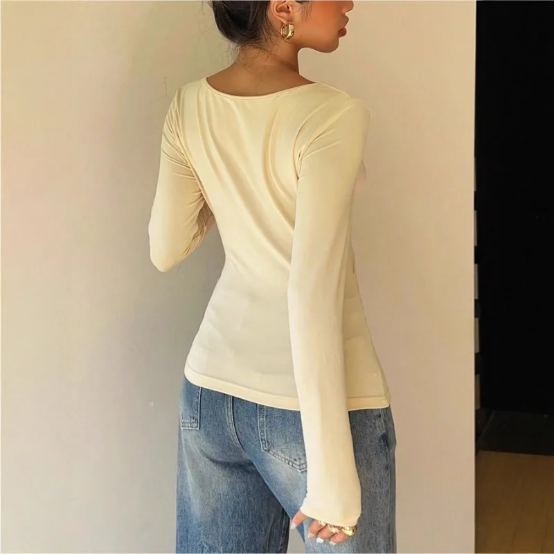 Cor sólida de manga comprida estilo casual feminino em torno do pescoço outono novo ajuste fino plissado irregular versátil topo