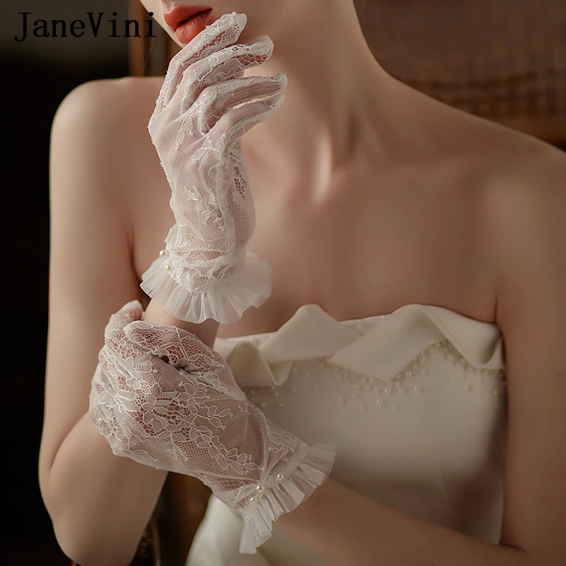 JaneVini Graceful Short Bridal Lace Gloves Pearl Women Vintage Wedding Party Gloves Wrist Length 22cm Bride Dress Accssories