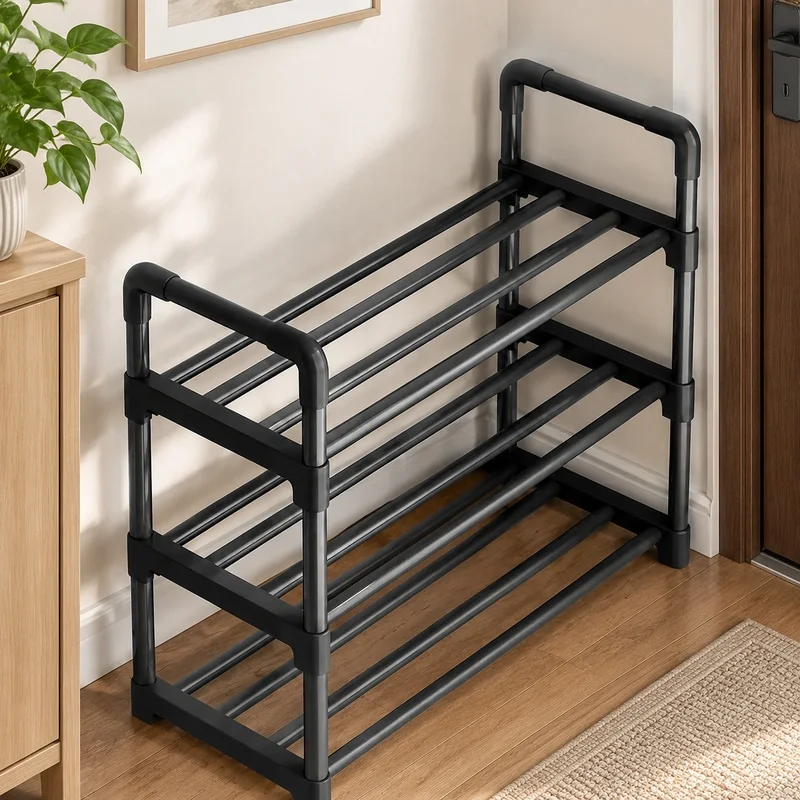 Black Compact Shoe Rack with Multiple Levels, Space-Efficient Storage Solution for Entryway and Dormitories