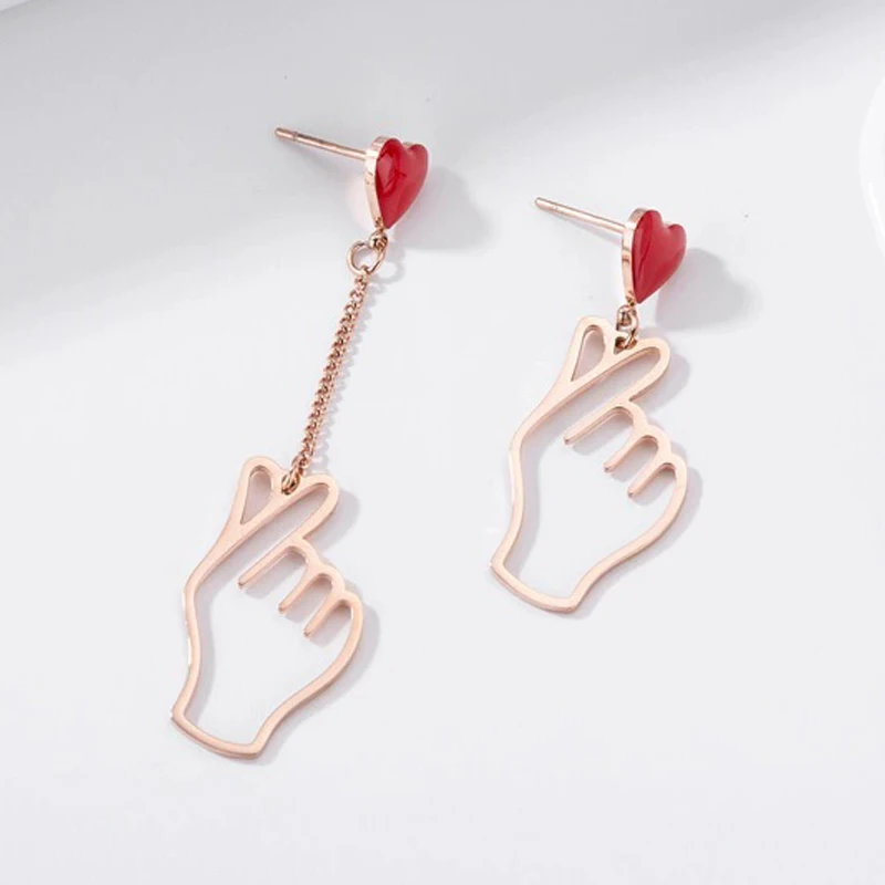 Asymmetric Heart Drop Earrings for Women Red Enamel Oil Hollow Out Metal Hand Shape Dangle Earrings Trendy Sweet Jewelry Gifts
