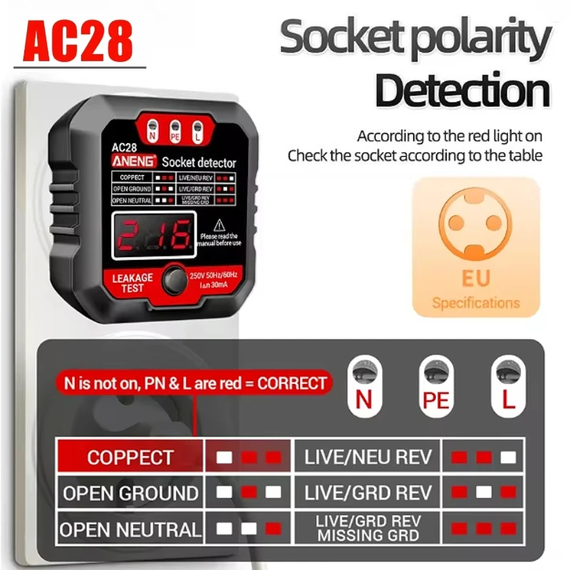 

ANENG AC28 Детектор полярности розетки Цифровой дисплей Тестовая розетка ЖК-дисплей 50 Гц/60 Гц для тестирования розетки/переключателей утечки