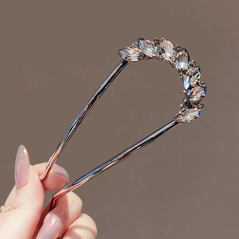 Crystal Leaf U-shaped Hairpin for Women Black Color High-end Metal Hair Clasp Summer Simple Bun Hair Sticks