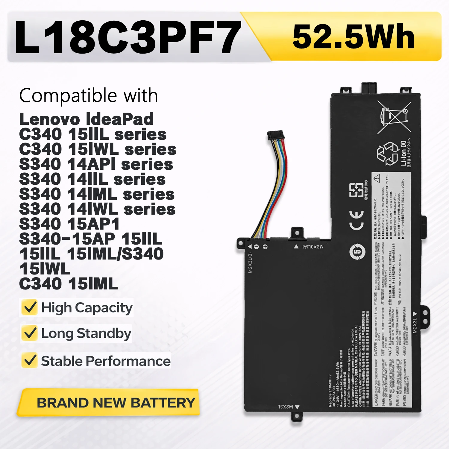 PowerHub L18C3PF7 11.34V 52.5Wh Battery For Lenovo IdeaPad S340-14IML S340-15API S340-15IWL C340 Flex Replace L18M3PF7