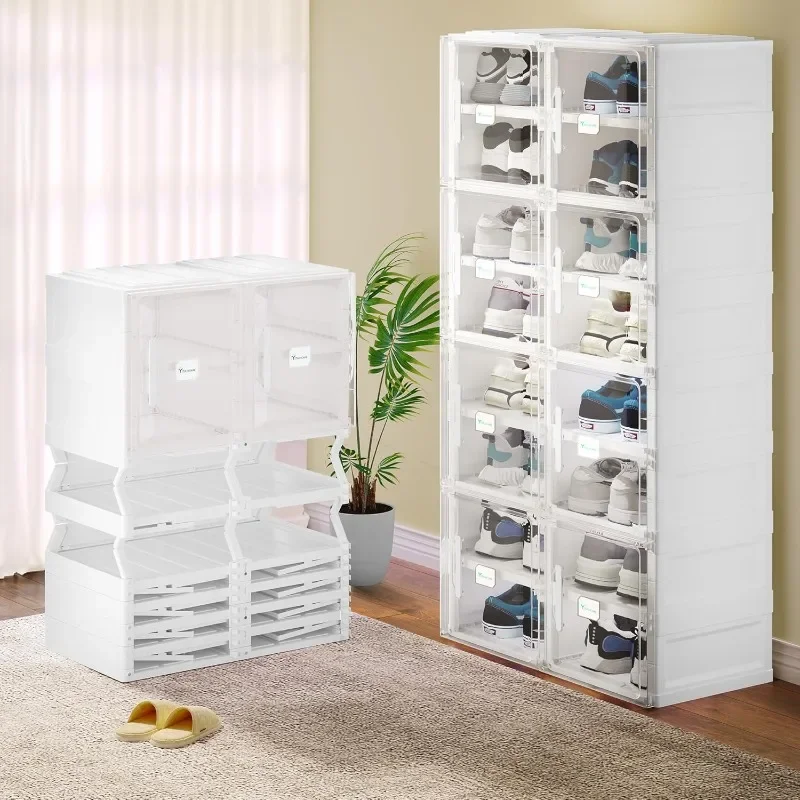 Shoe Storage Organizer, Foldable Shoe Box with Doors, 16 Grid Stackable Transparent Shoe Cabinet Installation-Free for Hallway