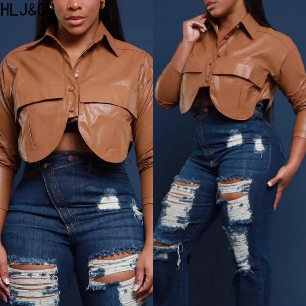 

HLJ&GG Brown Fashion Leather Pocket Slim Jacket Women Lapel Button Long Sleeve Crop Top Female Autumn New Solid Tops Coats 2025