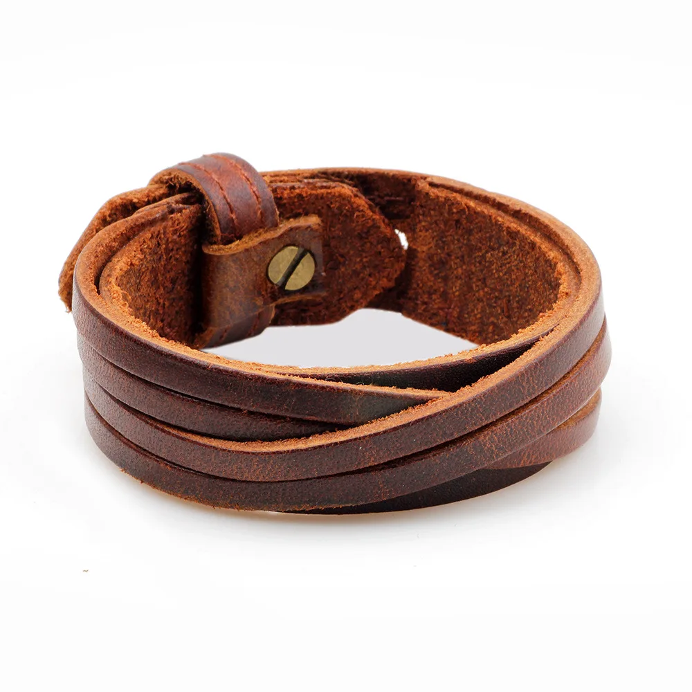 Kirykle Male Cow Leather Bracelets Biker Jewelry Men\'s Bracelet Retro Wristband Bangles Man Jewelry Alloy Buckle Adjustable