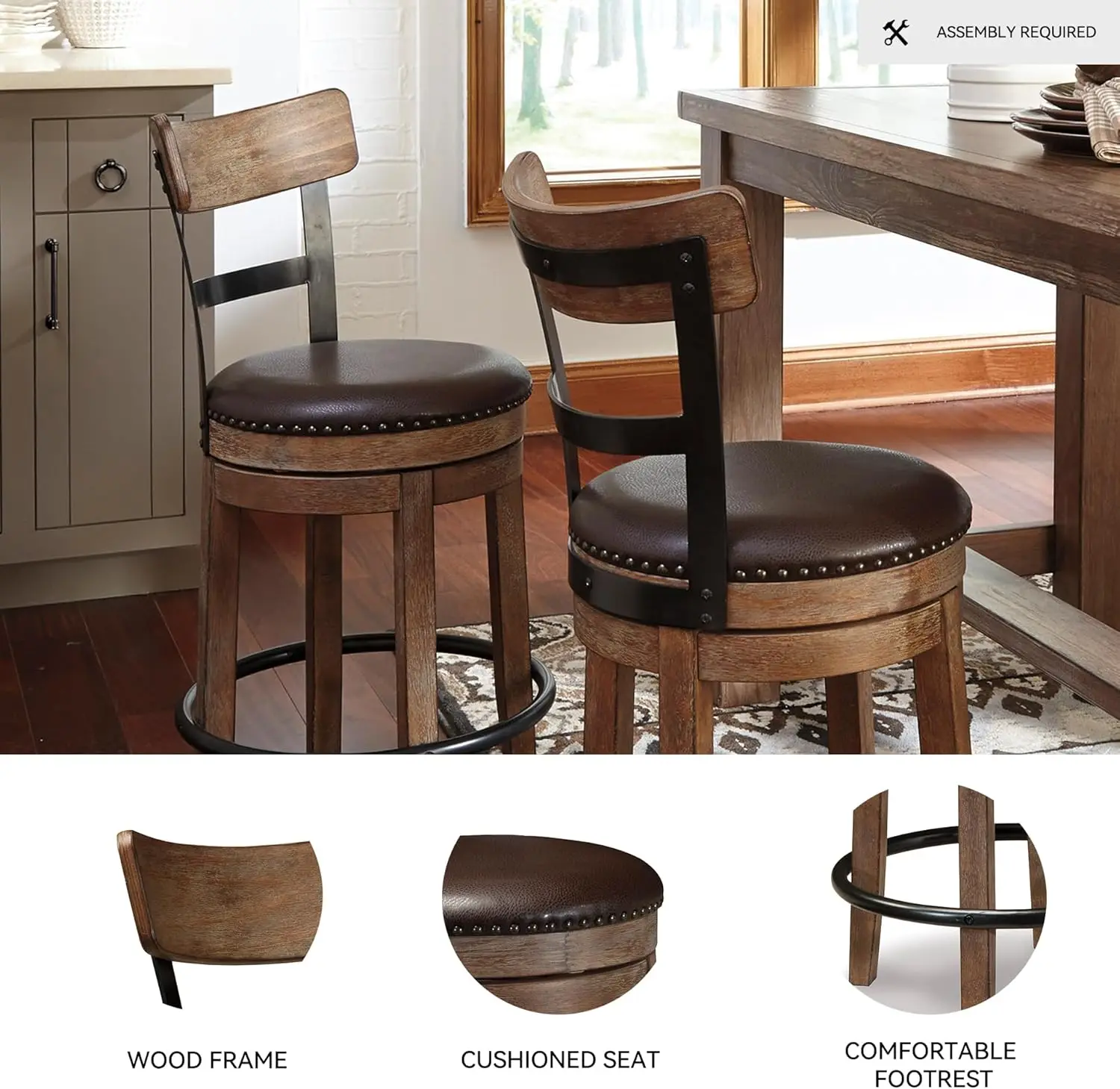 24.25" Counter-Height Swivel Bar Stool - Modern Farmhouse Style, Faux Leather, 360° Rotation, Rustic Light Brown