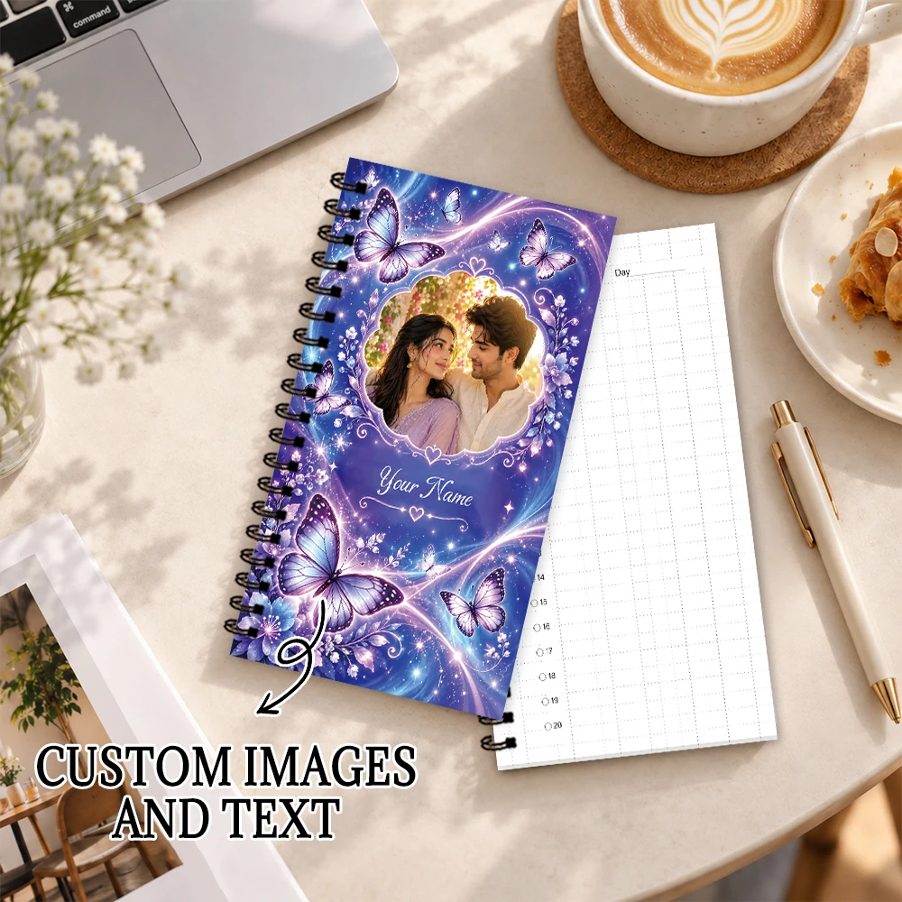 1pc, Custom To Do List Notebook, Purple Butterfly Couple, Personalized Name Spiral Journal, 120 Pages Daily Grid Notepad