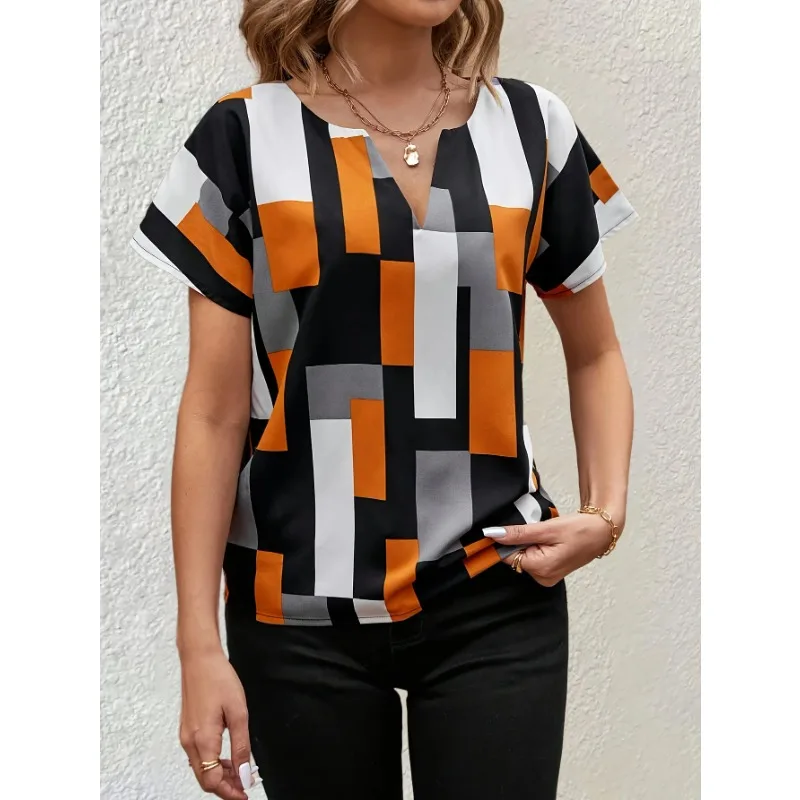 

Plus Size 1XL-5XL New Women's Summer Geometric Printed Stand Up Collar Shirt Ladies Casual Short Sleeve T-shirt Tops