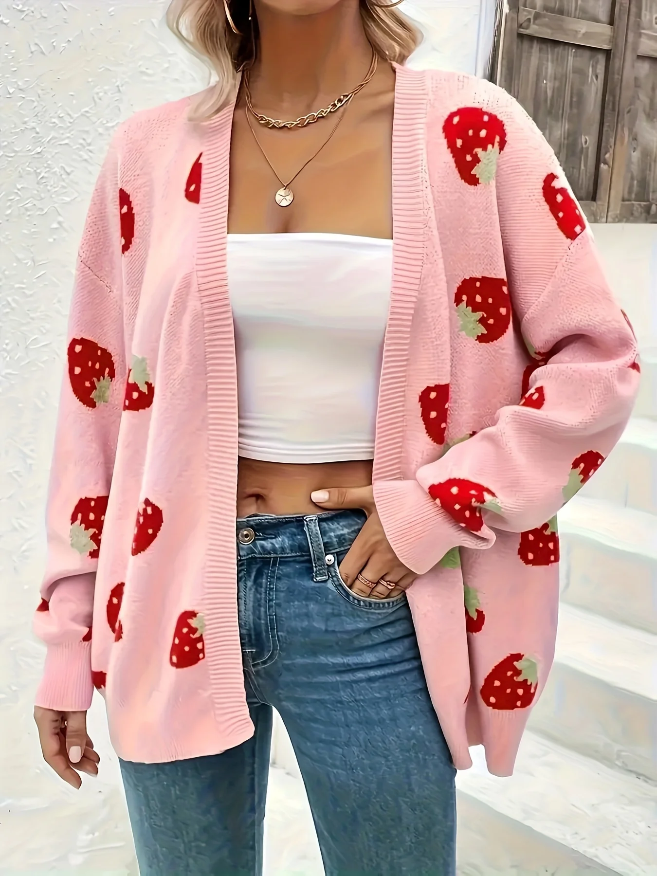 New Women\'s Sweater Coat Knitted Cardigan Pink Strawberries Loose Cover Up Comfortable Open Front Ladies Mid-long Sweaters