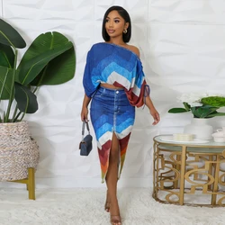 African Fashion Dress Set Women Two Piece Set Denim Look Printed Batwing Sleeve Crop Top And Split Skirt Set Outfits