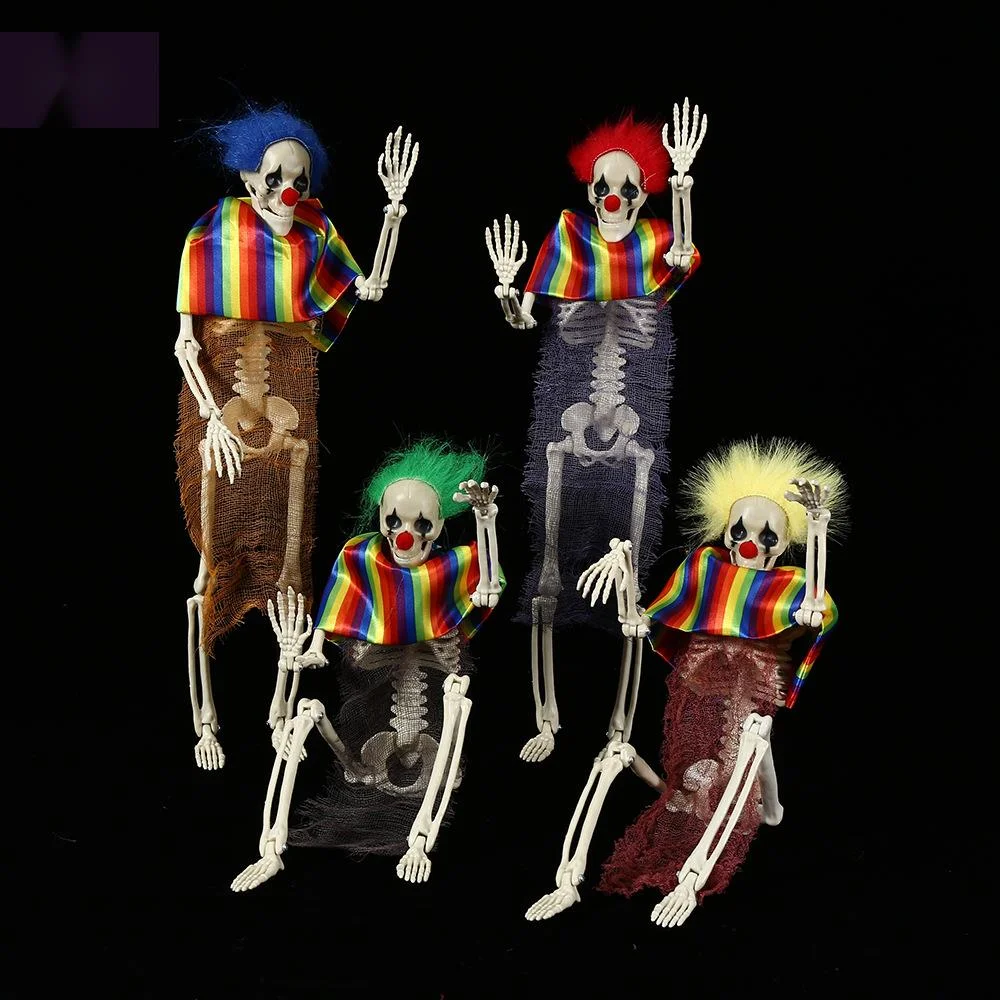 

Halloween Skeleton Clown Decoration With Colorful Hair And Costume, Fixed Pose Skeleton Prop For Haunted House Scene Setup