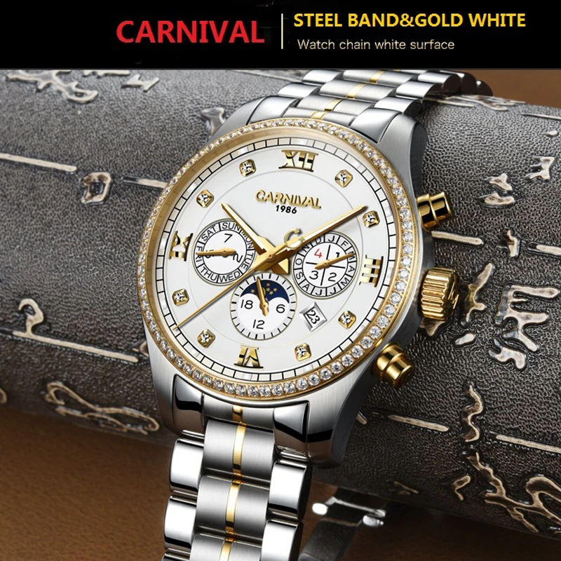 CARNIVAL Luxury Diamond Watch 2024 New Fashion Men Mechanical Watch Watches Stainless Steel Strap Luminous Waterproof Reloj 8734