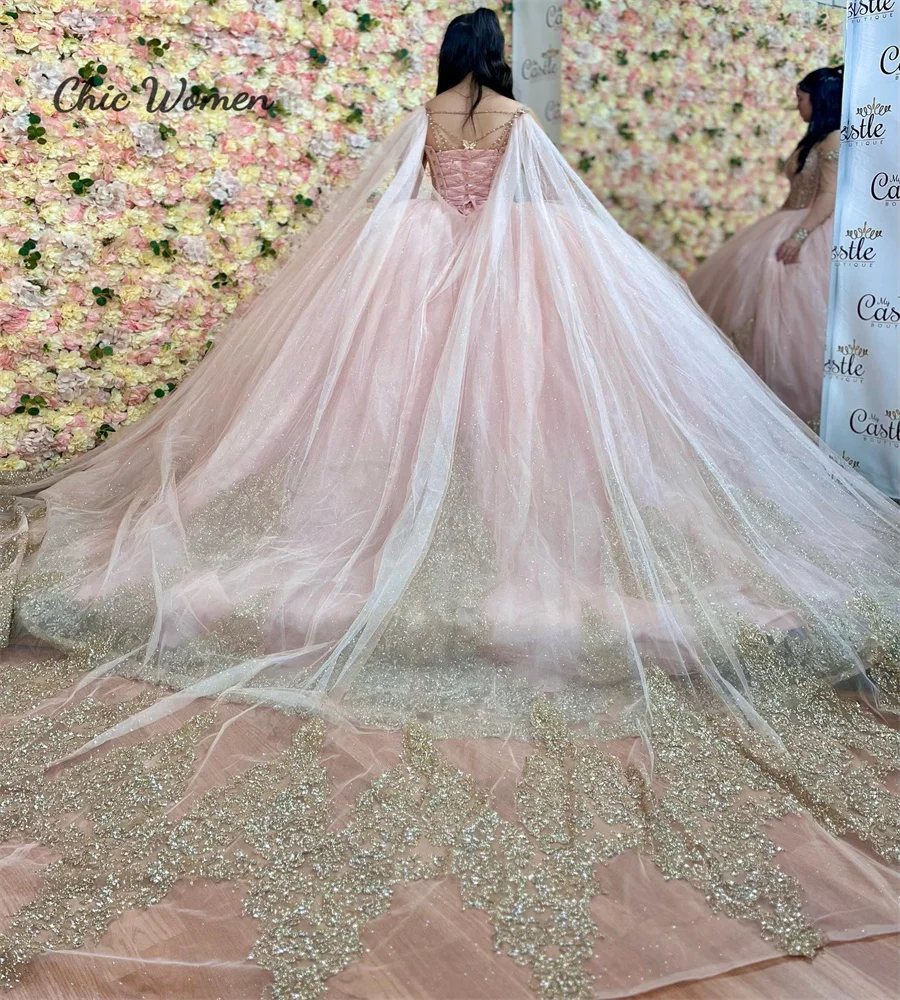 Fairy Pink Quinceanera Dresses 2023 With Gold Sequin Glitter Sparkle Puffy Tulle Birthday 15 Party Dress Luxury Corset Xv Charro